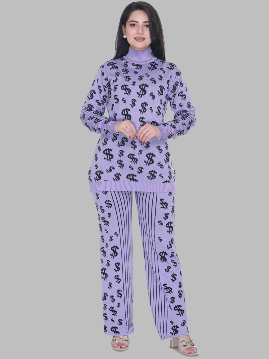 WOOL 4U Dollar Self Design Long Sleeves Sweater With Trouser