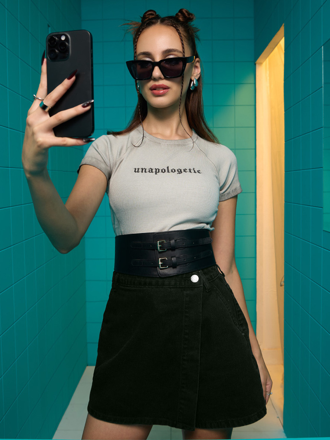 The Souled Store Denim Skorts: Carbon Black