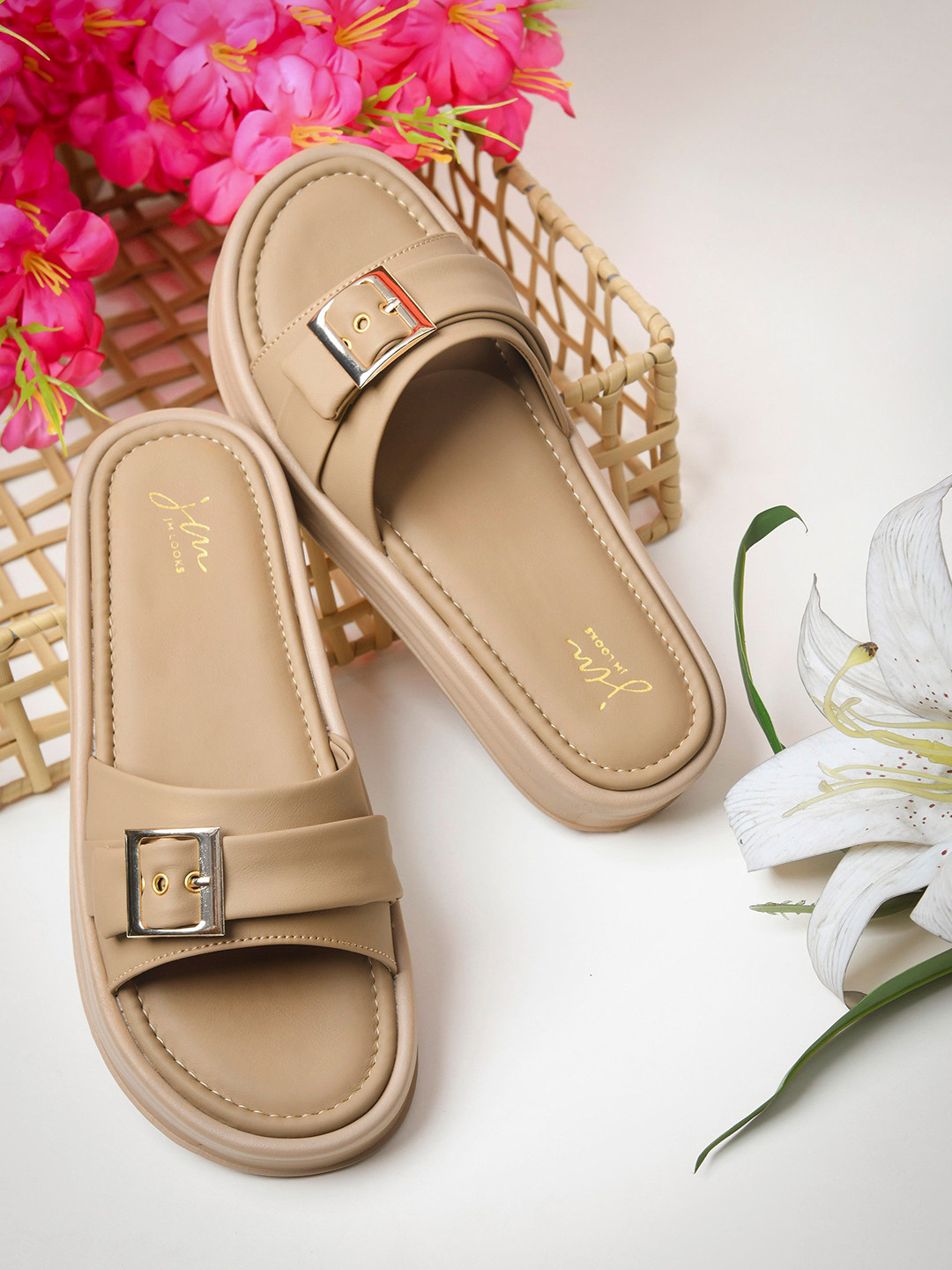 JM Looks Women Slip-On Buckle Sandals with Cushioned Sole