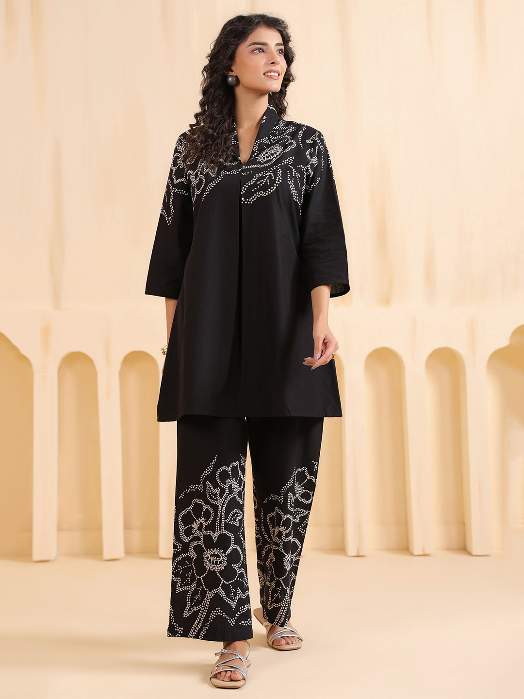 JISORA Black Printed Shawl Neck Pure Cotton Tunic With Palazzo Co-Ords
