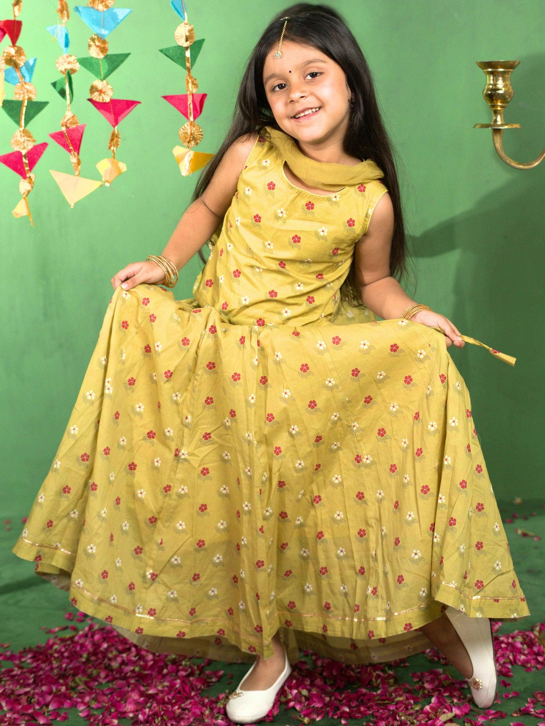 Puddle Fashion Girls Floral Printed Ready to Wear Cotton Lehenga & Blouse With Dupatta