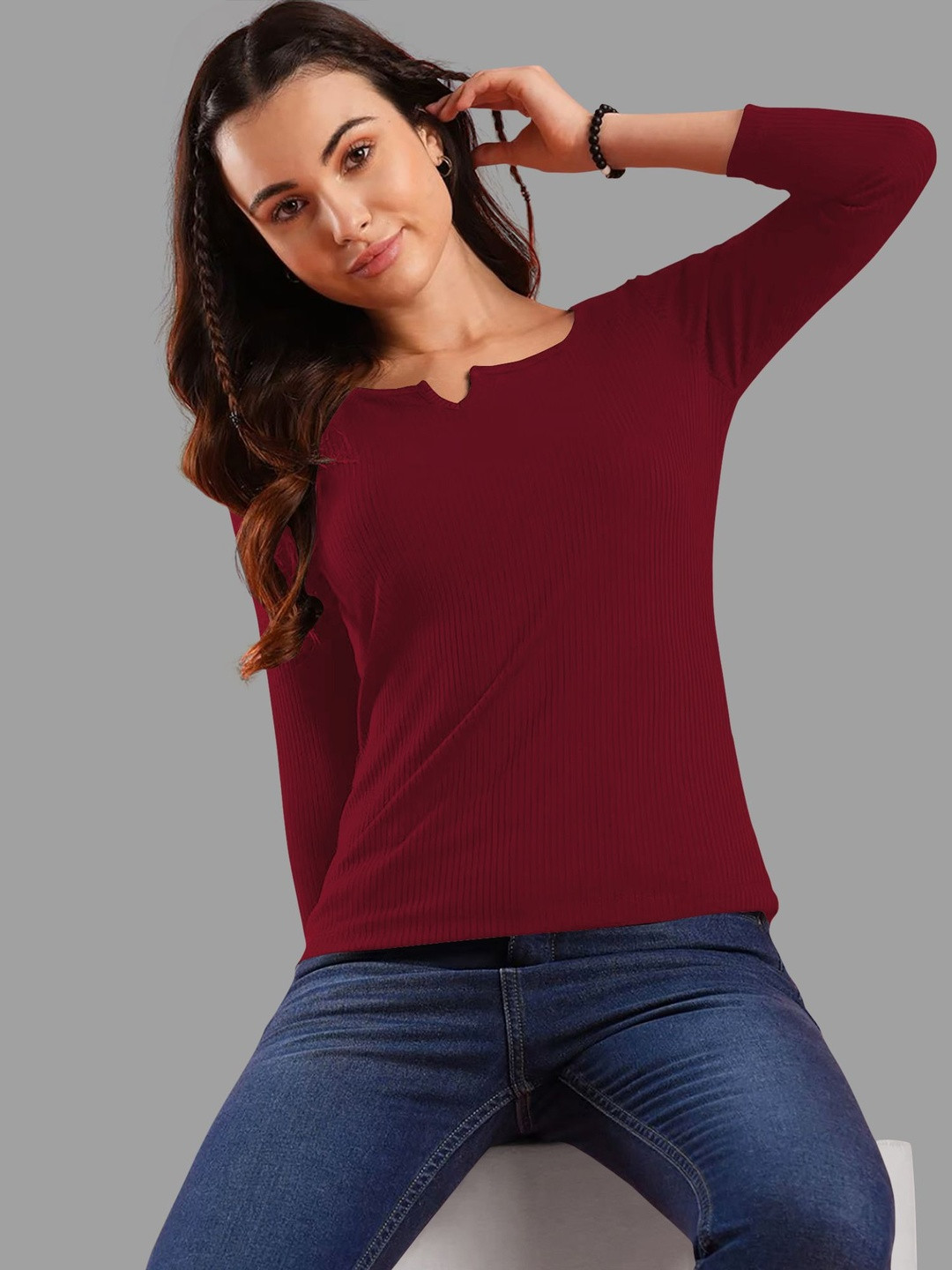 Maheshvi Women Ribbed Notched Round Neck Three-Quarter Sleeves Top