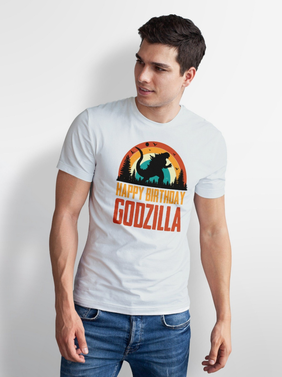 Seekbuylove Men Bio Finish Happy Birthday Godzilla Graphic Printed Pure Cotton T-shirt