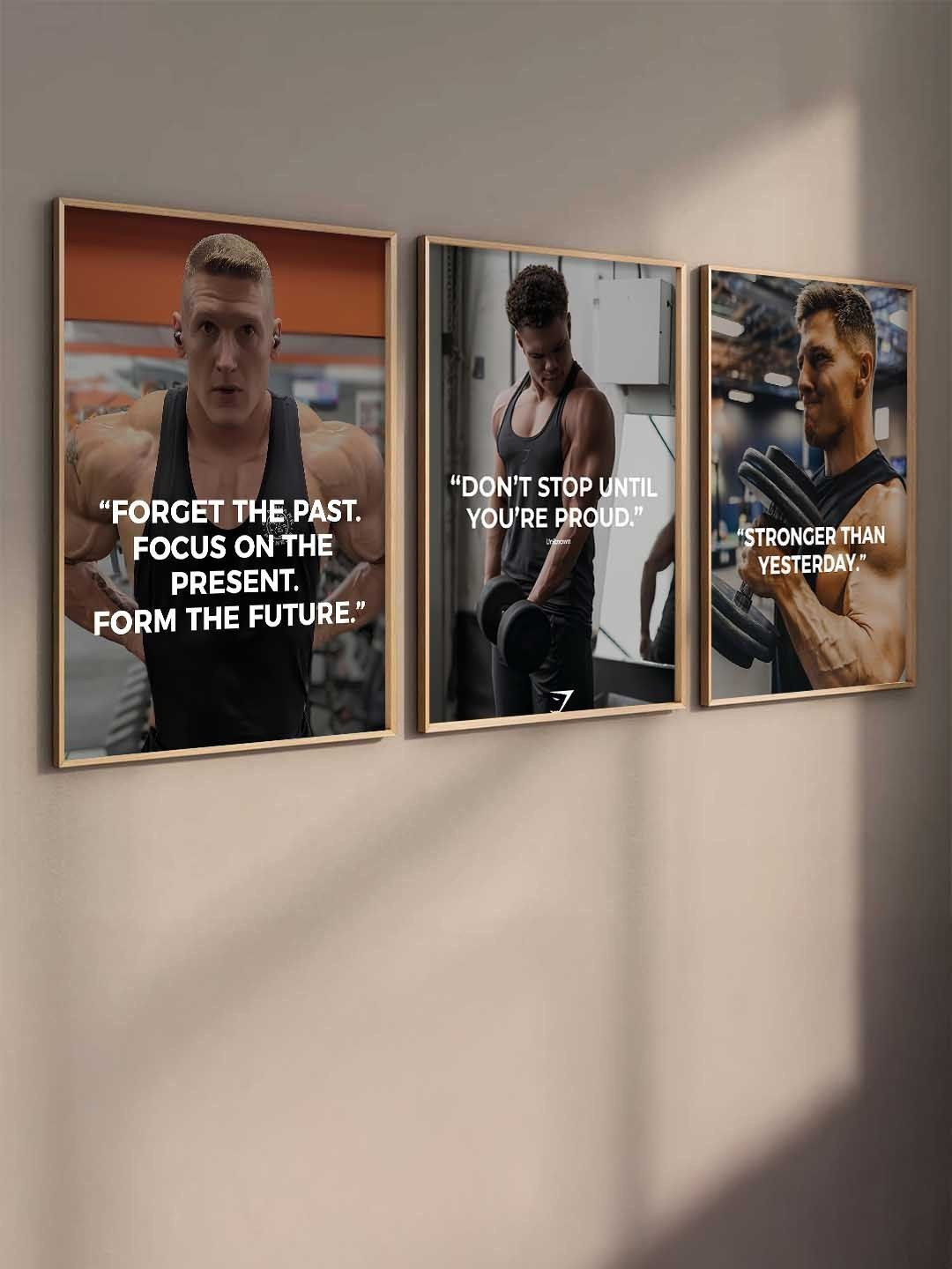 WALLLANE Pack Of 3 Grey Bodybuilding Motivational Wooden Framed Wall Art