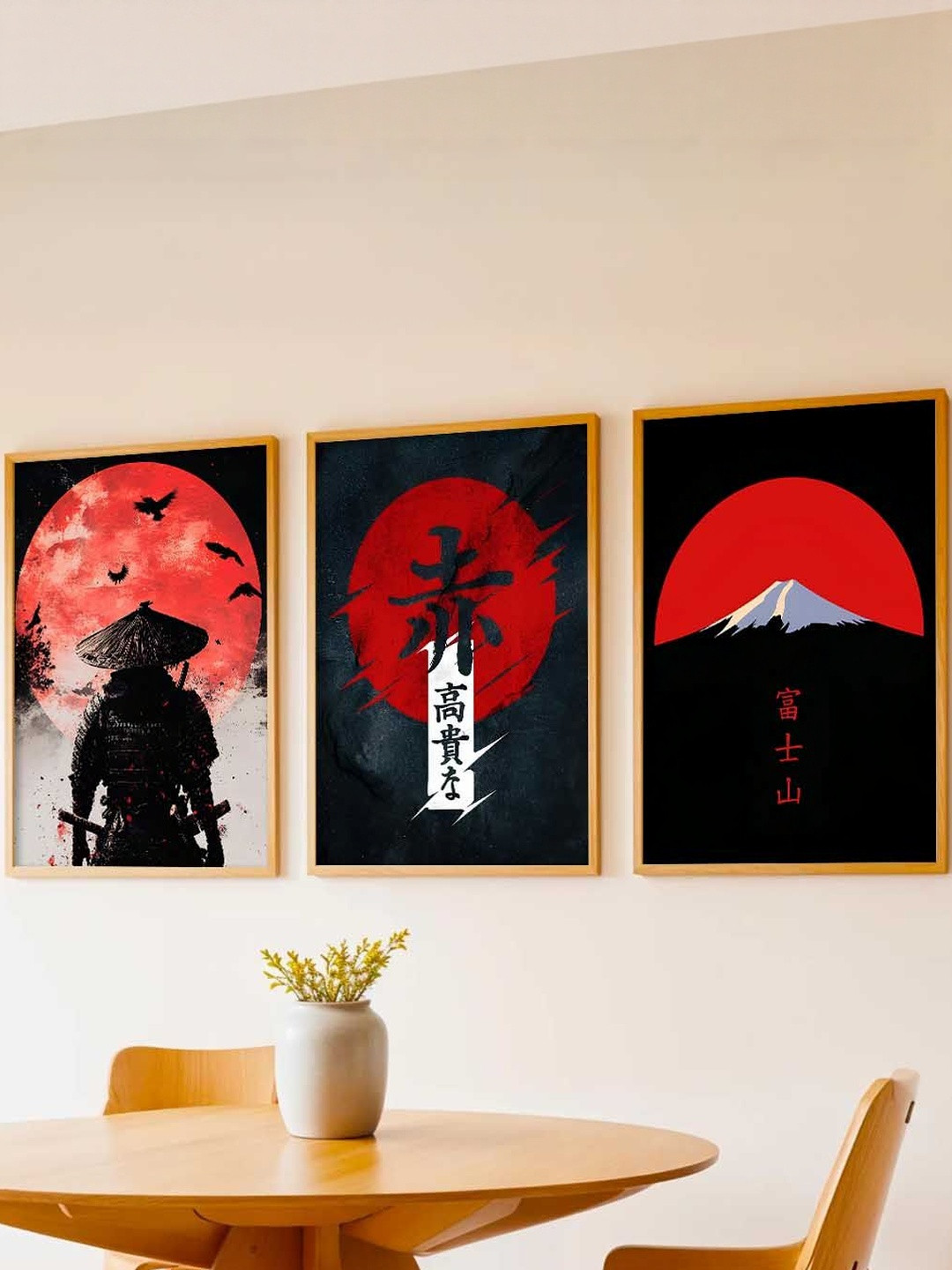 WALLLANE Black & Red 3 Pieces Wooden Japanese Art Wall Posters