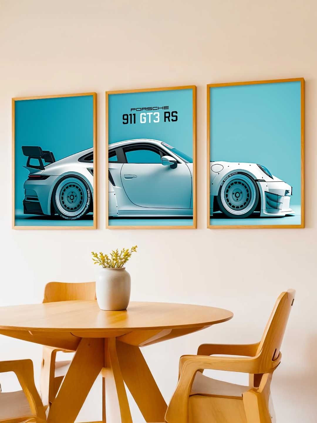 WALLLANE Set Of 3 Blue Wood Car Framed Wall Photographs