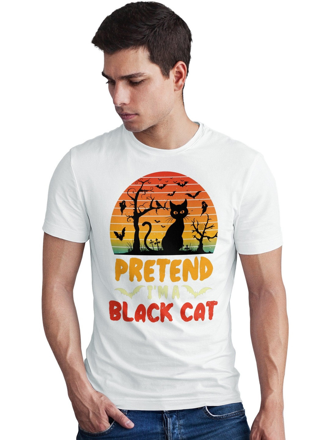 Seekbuylove Men Cat Printed Round Neck Halloween T-shirt