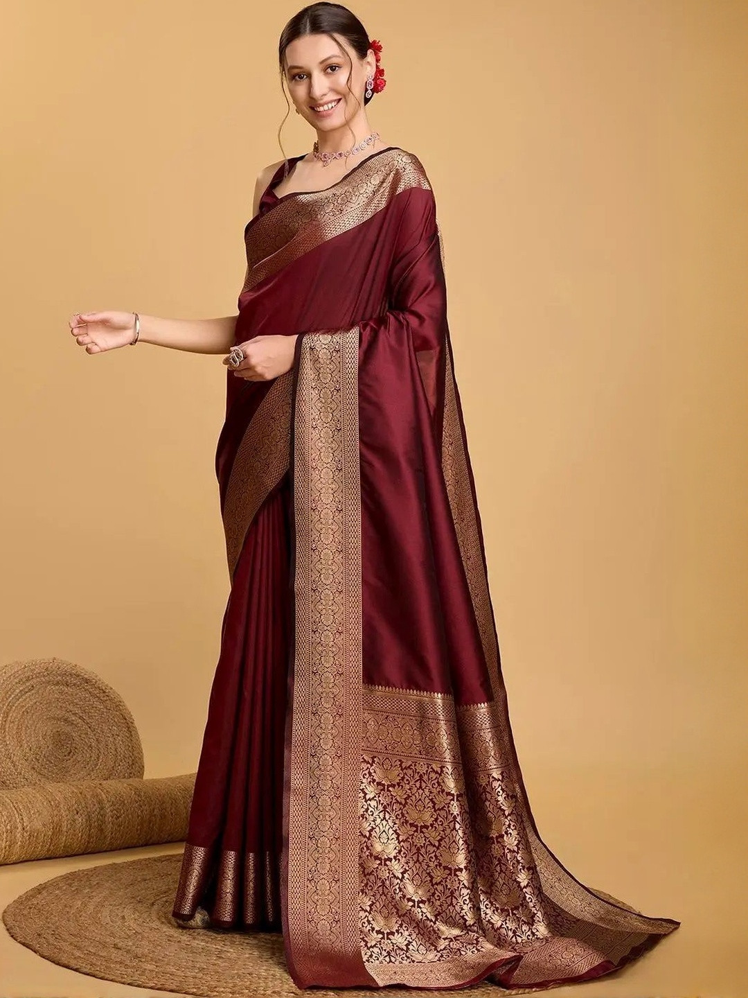 MUKHITA Ethnic Motifs Woven Design Zari Banarasi Saree with Blouse Piece