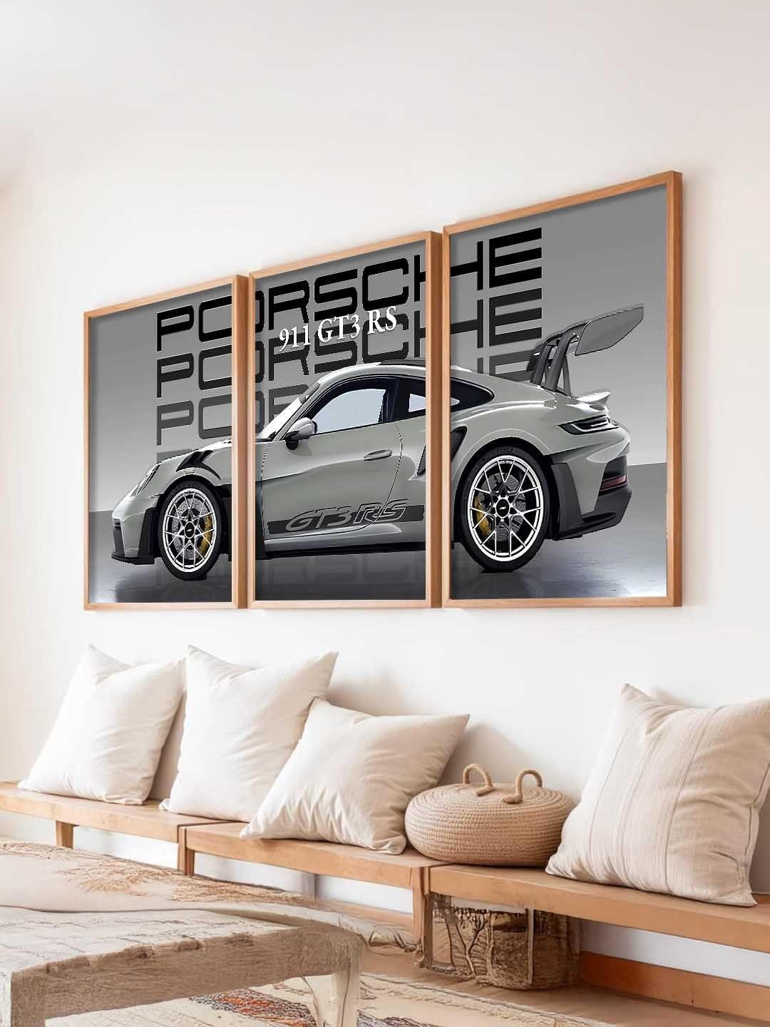 WALLLANE Set of 3 Grey Wood Sports Car Framed Wall Art