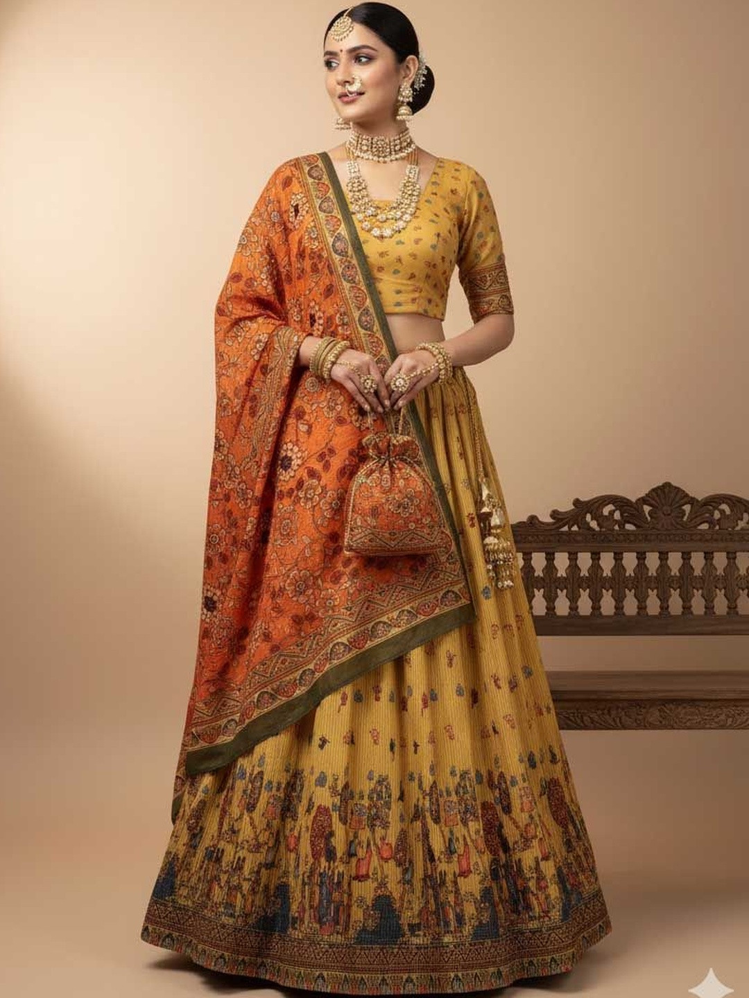 SAPTRANGI Printed Kalamkari Semi-Stitched Lehenga & Unstitched Blouse With Dupatta