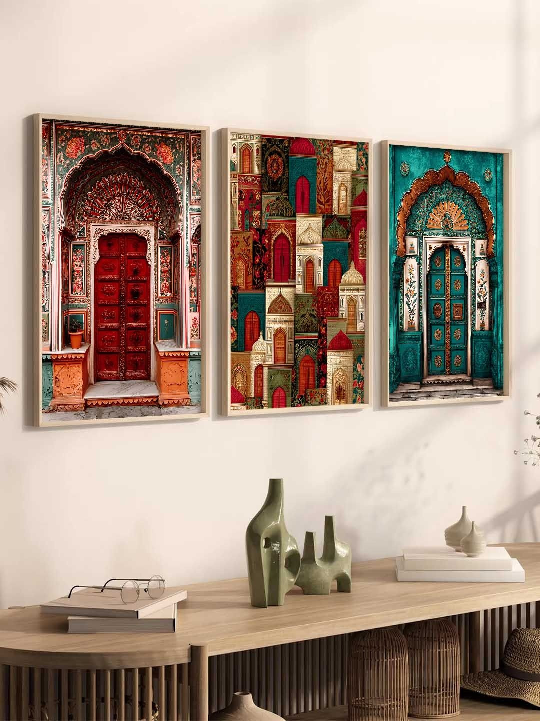 WALLLANE Red And Green 3 Pieces Sports Car Framed Wooden Wall Paintings