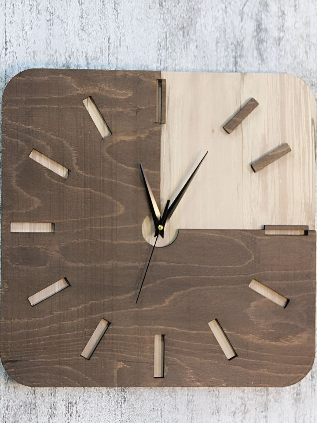 QEZNEF Brown & Beige Wooden Colourblocked Square Battery Analogue Wall Clock