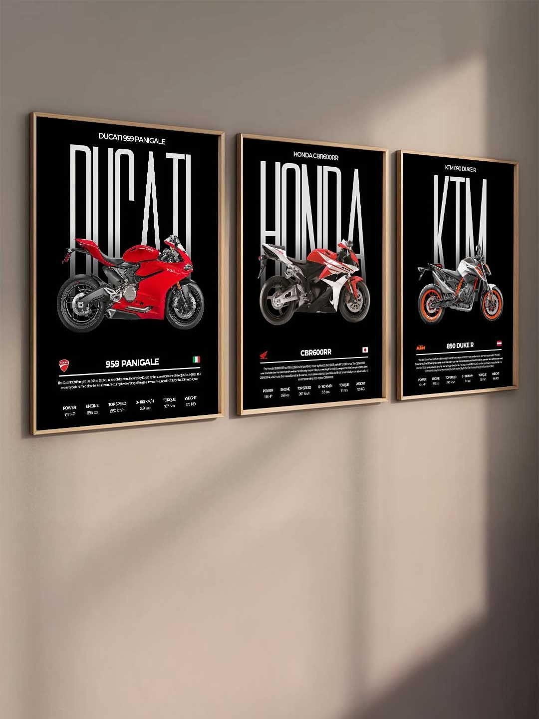 WALLLANE Set of 3 Sports Bikes Framed Wall Paintings