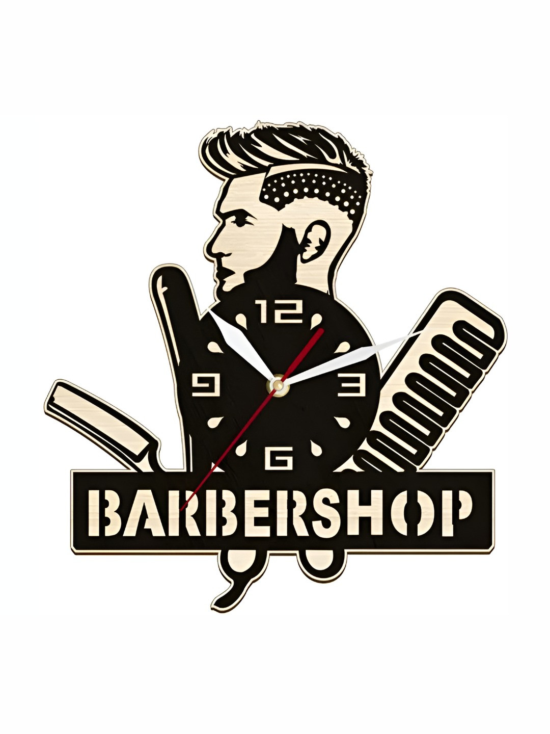 QEZNEF Beige & Black Wooden Printed Circular Battery Analogue Wall Clock