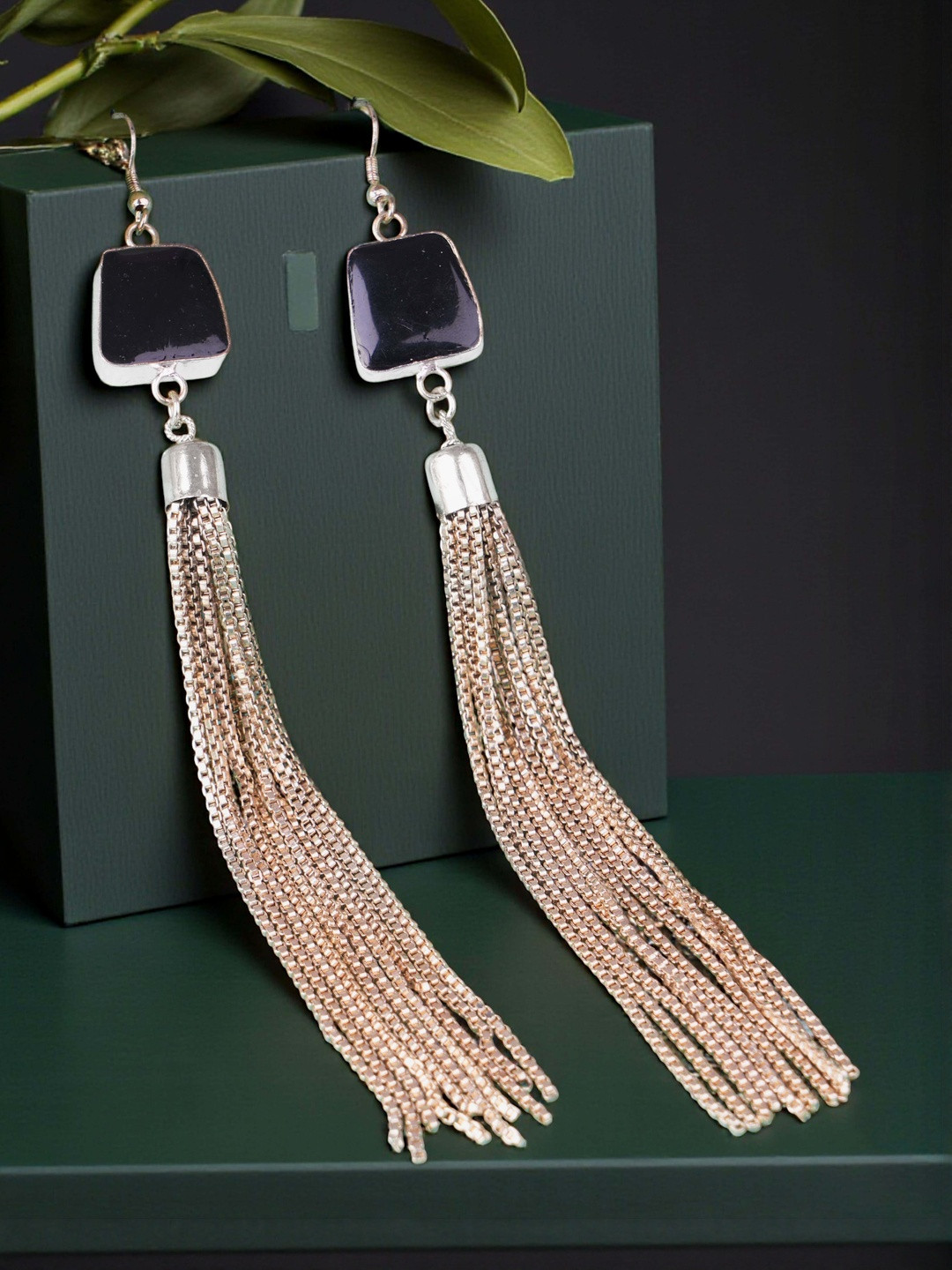 Hi Look Gold-Plated Artificial Stones Studded Tasselled Geometric Shaped Drop Earrings