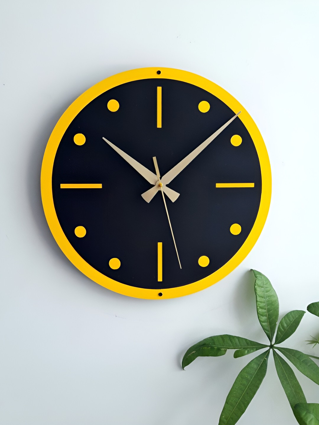QEZNEF Yellow & Black Solid Round Wooden Analog Traditional Wall Clock