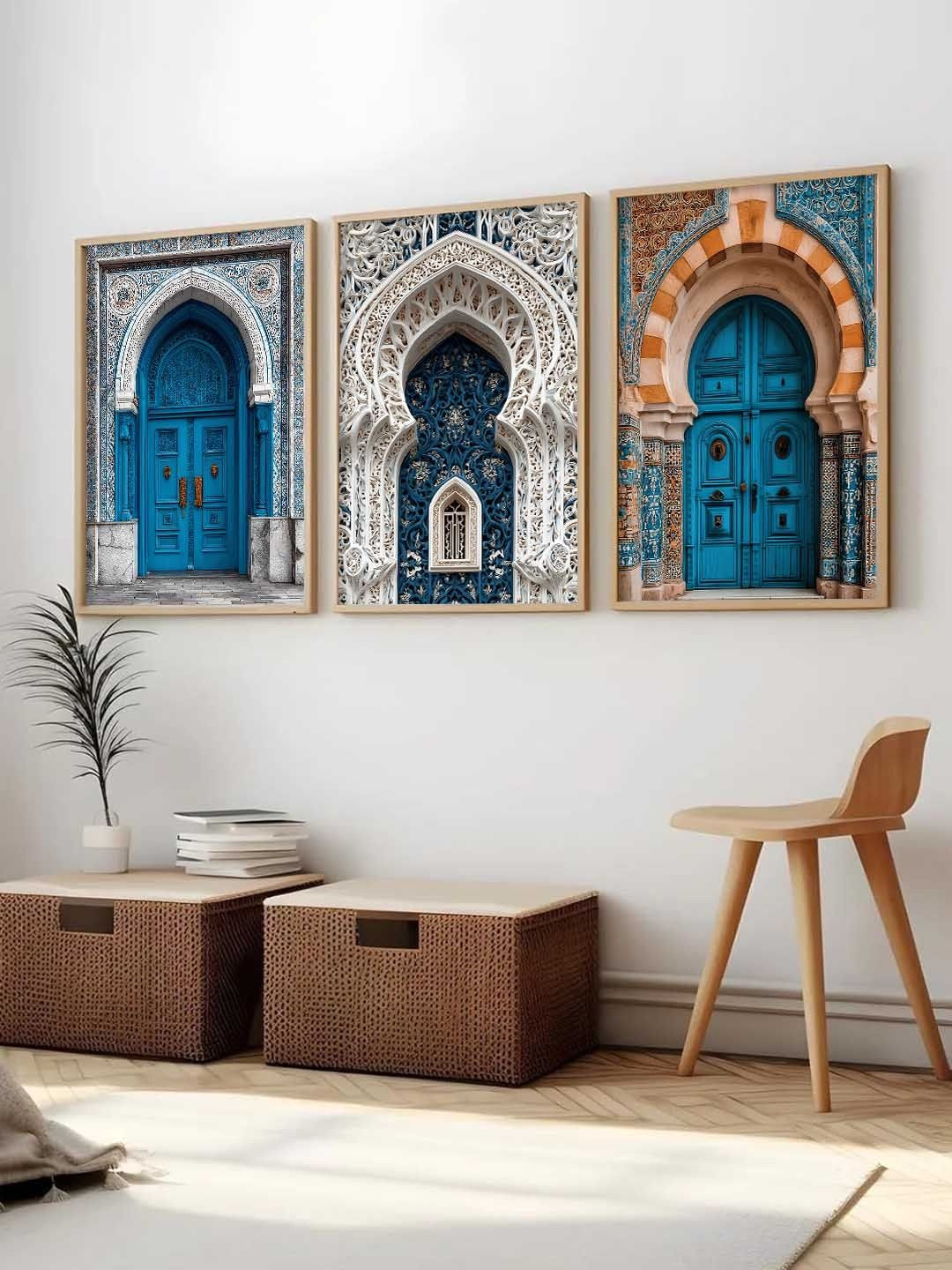 WALLLANE Blue Wood Set of 3 Rectangle Wall Art