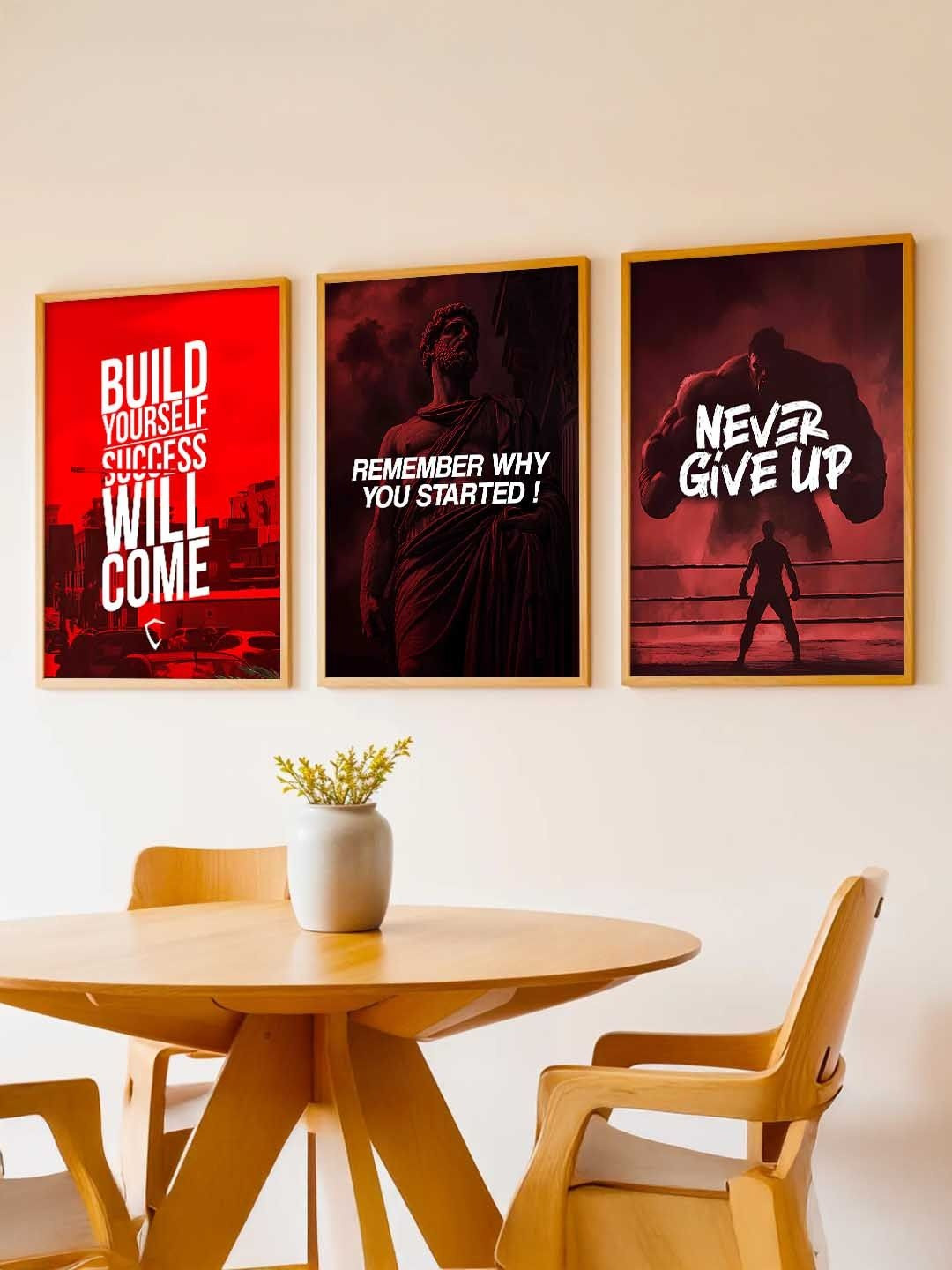 WALLLANE Set of 3 Red Bodybuilding Motivational Art Wood Framed Wall Paintings