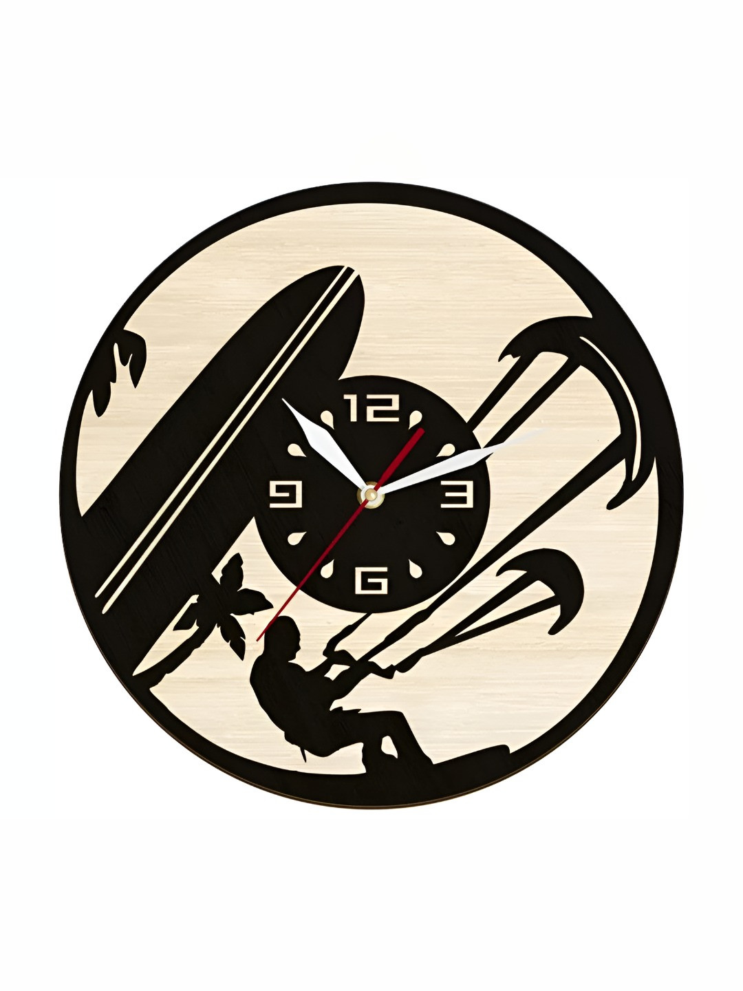 QEZNEF Beige & Black Wooden Printed Circular Battery Analogue Wall Clock