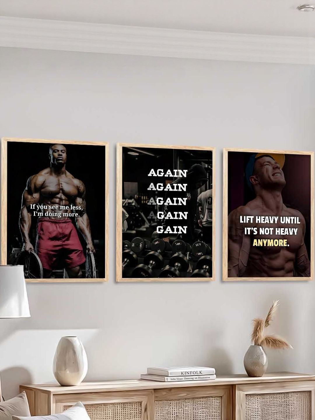 WALLLANE Set Of 3 Black Wood Bodybuilding Motivational Art Framed Wall Photographs