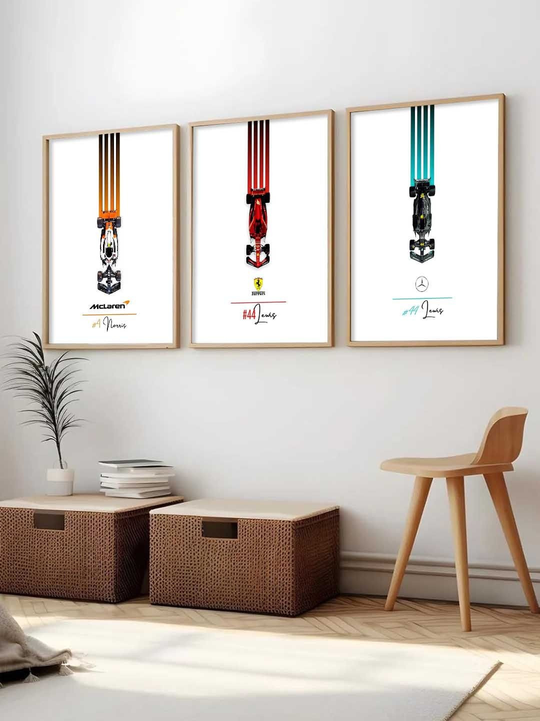 WALLLANE White & Red 3 Pieces Wooden Sports Car Wall Poster