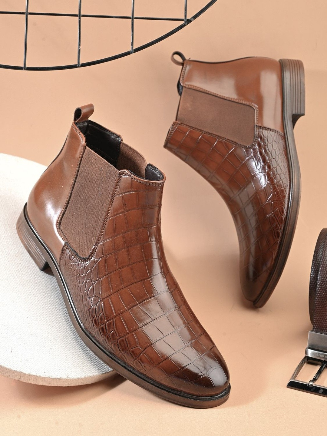 House of Pataudi Men Round-Toe Handcrafted High-Top Chelsea Boots