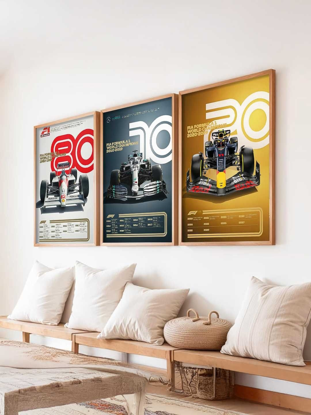 WALLLANE Brown And Red Set Of 3 Wood Framed Sports Car Wall Art