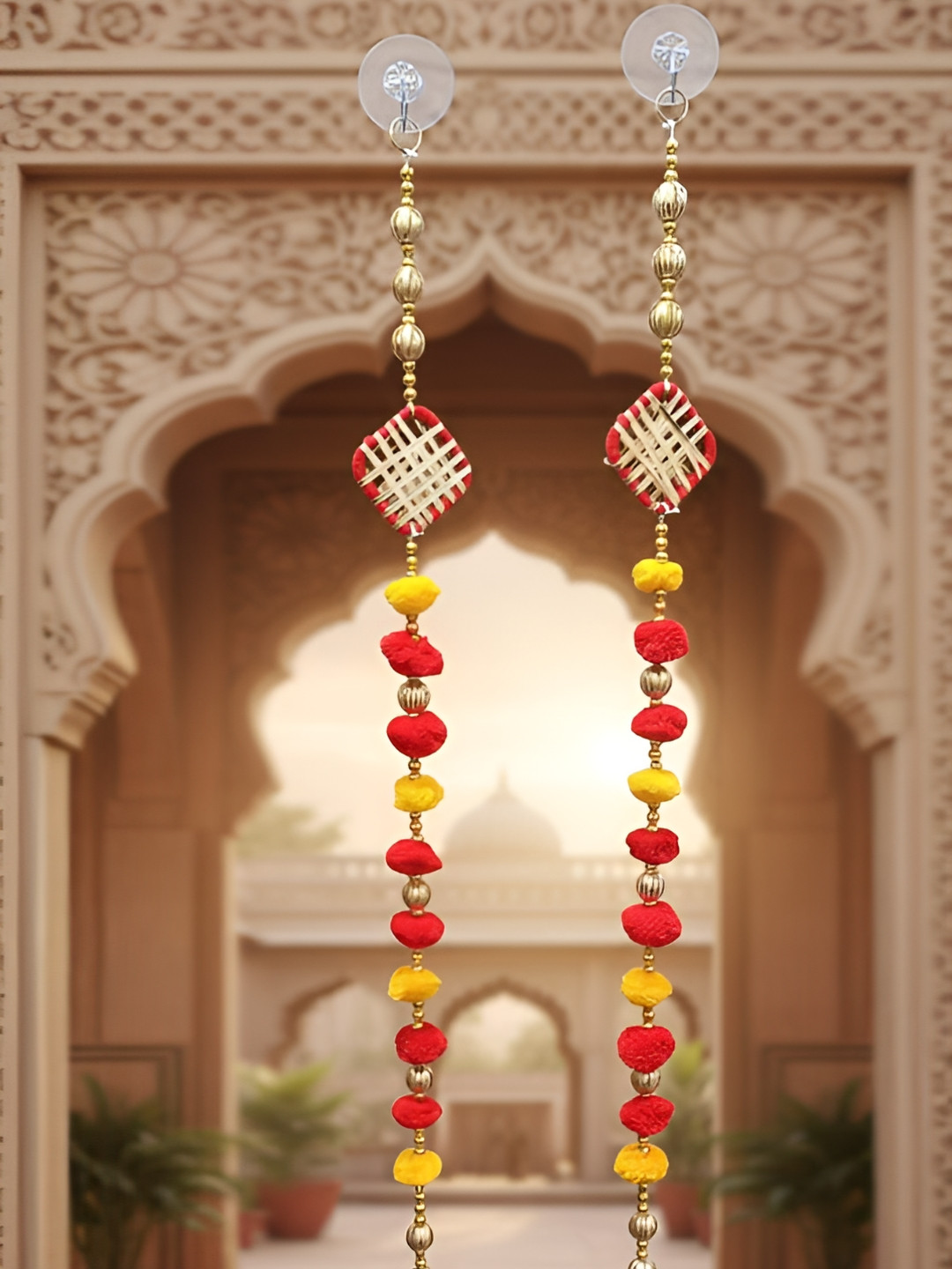 PUFFSMART Red & Yellow Bell Pom Pom Traditional Door Hanging