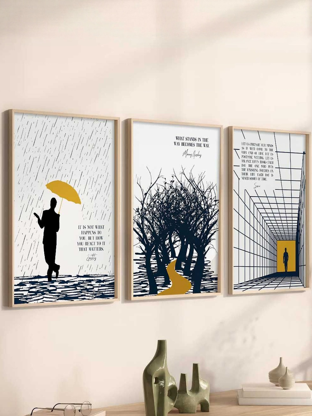 WALLLANE Set Of 3 White Wood Philosophy Art Framed Wall Paintings