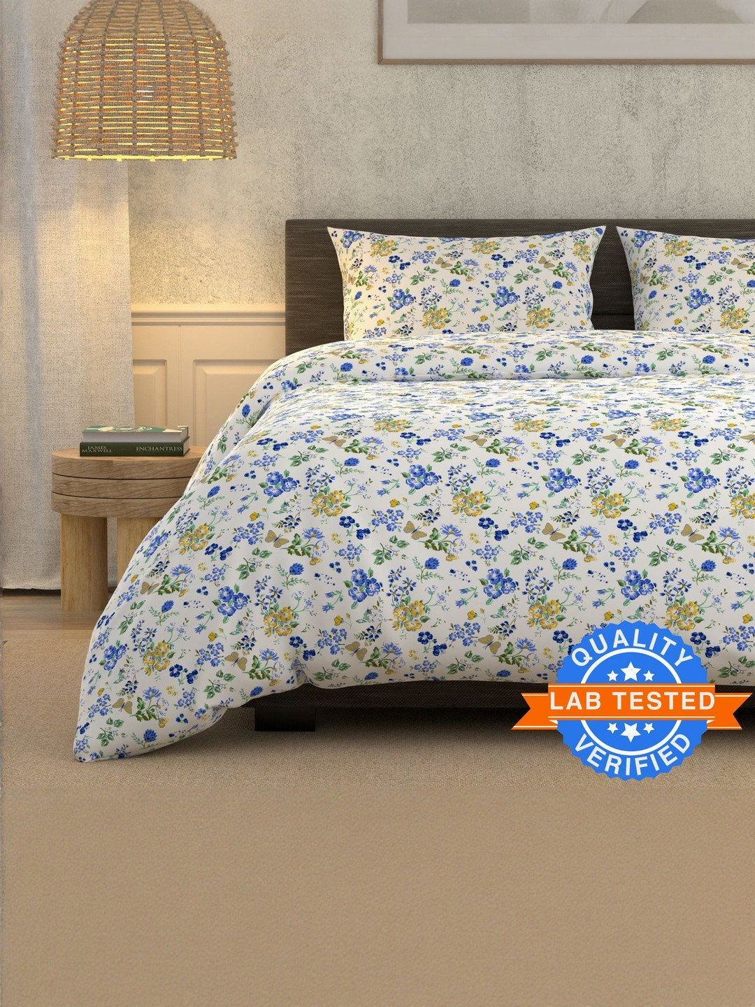 LA VERNE Off White And Blue Floral 180 TC King Bedsheet With 2 Pillow Covers