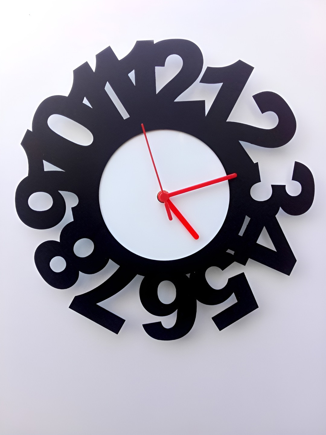 QEZNEF Black Typography Printed Abstract Shaped Analogue Contemporary Wooden Wall Clock