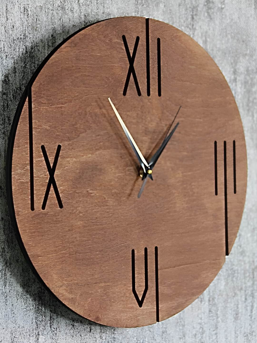 QEZNEF Brown & Black Wooden Circular Battery Analogue Wall Clock
