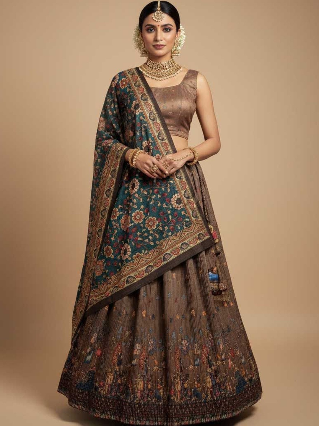 SAPTRANGI Printed Kalamkari Semi-Stitched Lehenga & Unstitched Blouse With Dupatta