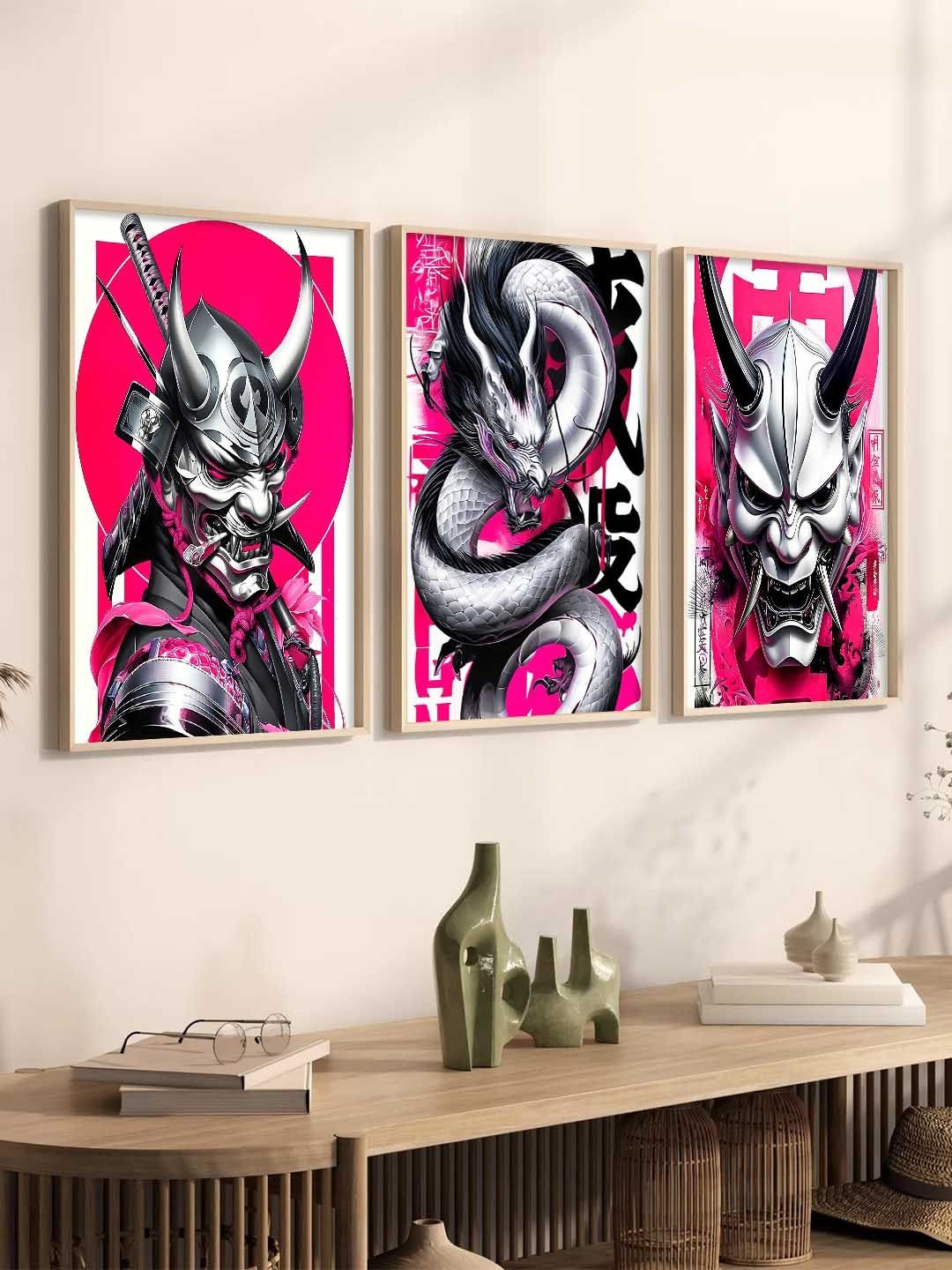 WALLLANE Pink & Black Set of 3 Piece Wooden Japanese Art Wall Posters