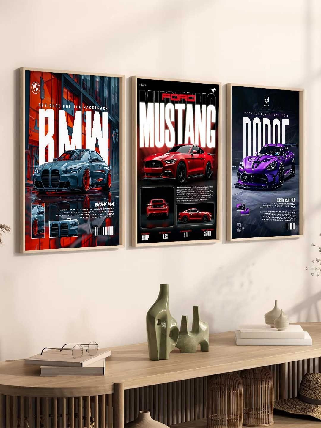 WALLLANE Set of 3 Sports Car Framed Posters