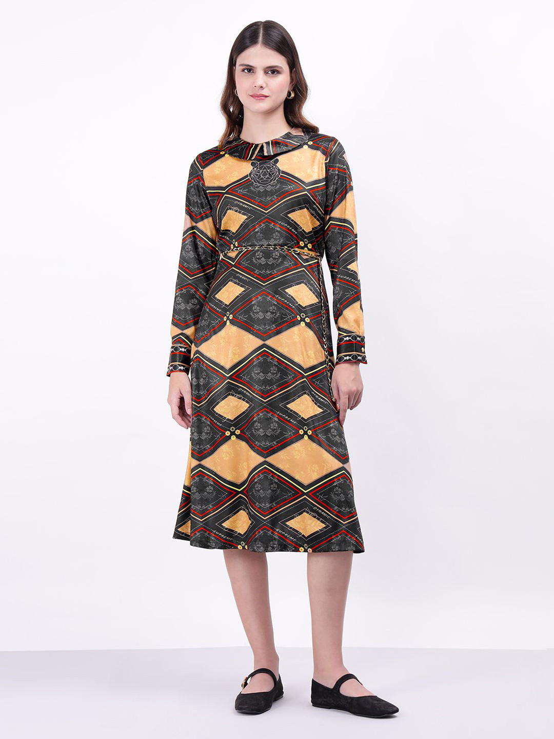 Iconic Women Geometric Printed Peter Pan Collar A-Line Midi Dress