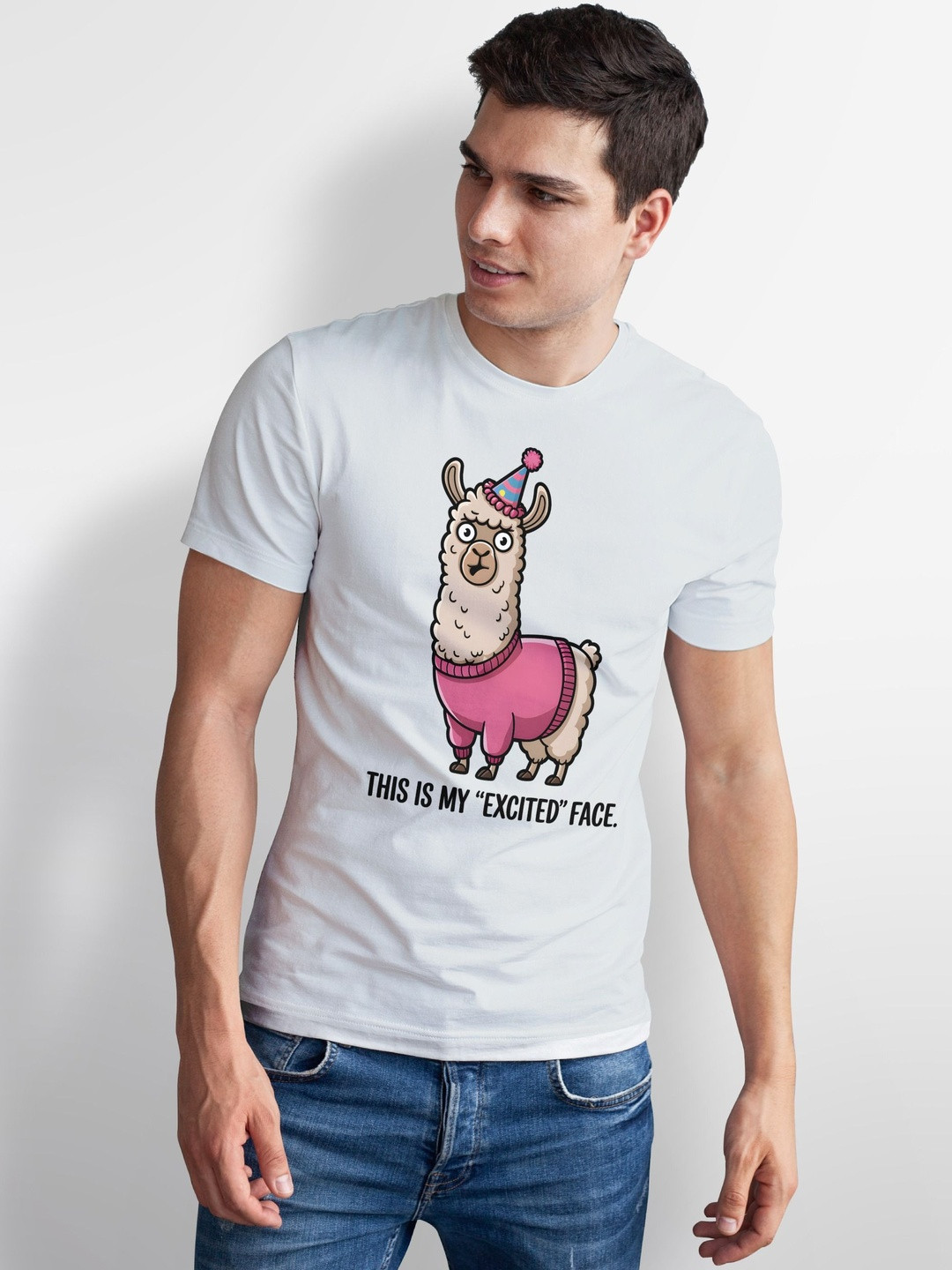 Seekbuylove Men Funny Llama Printed Round Neck Short Sleeves Bio Finish Cotton T-shirt