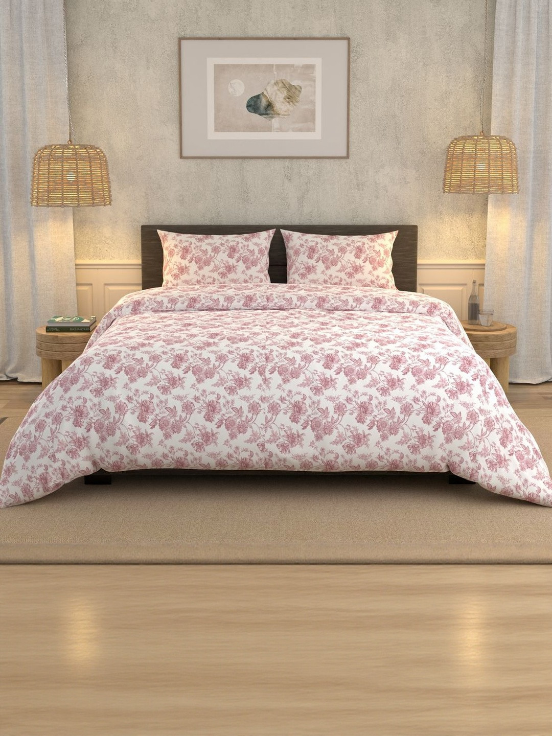 LA VERNE Pink And White Floral 180 TC King Bedsheet With 2 Pillow Covers
