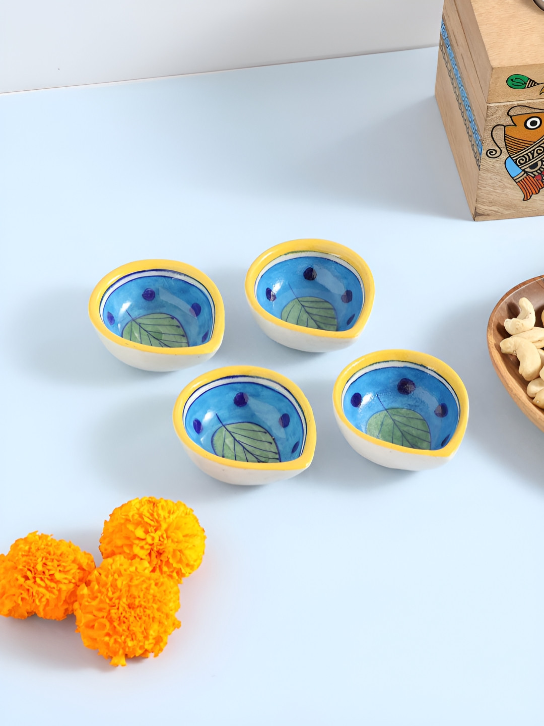Eyaas Green & Blue 4 Pieces Ceramic Pooja Essentials