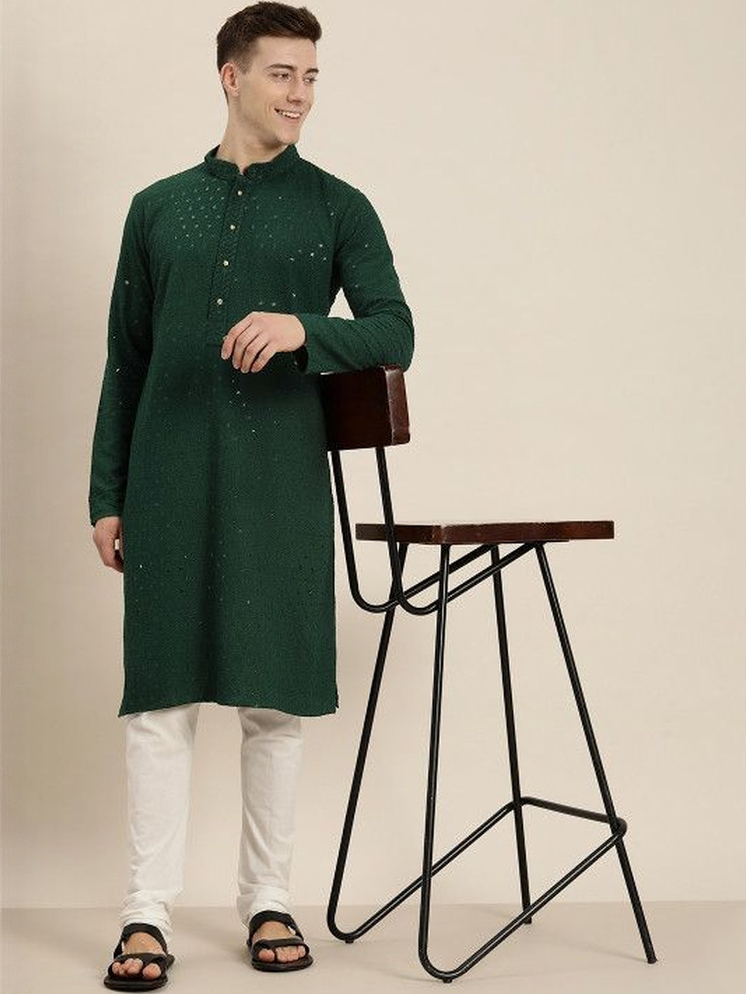 fashiology Men Solid Mandarin Collar Regular Sequinned Kurta with Churidar Kurta Set