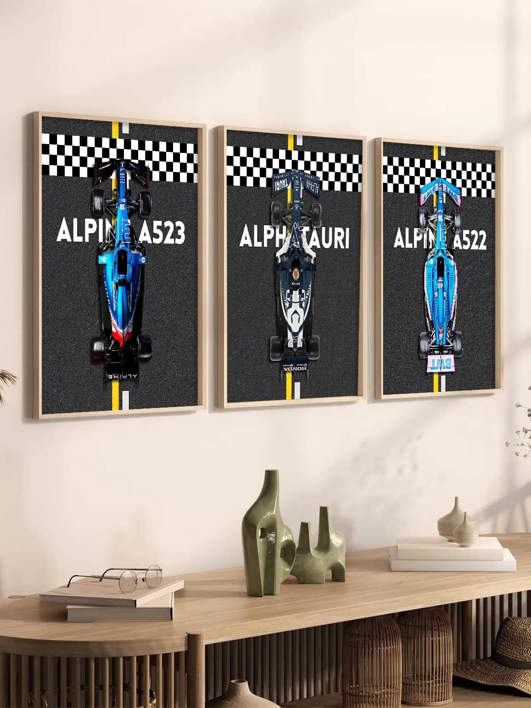 WALLLANE Black And Blue 3 Pieces Sports Car Framed Wooden Wall Paintings