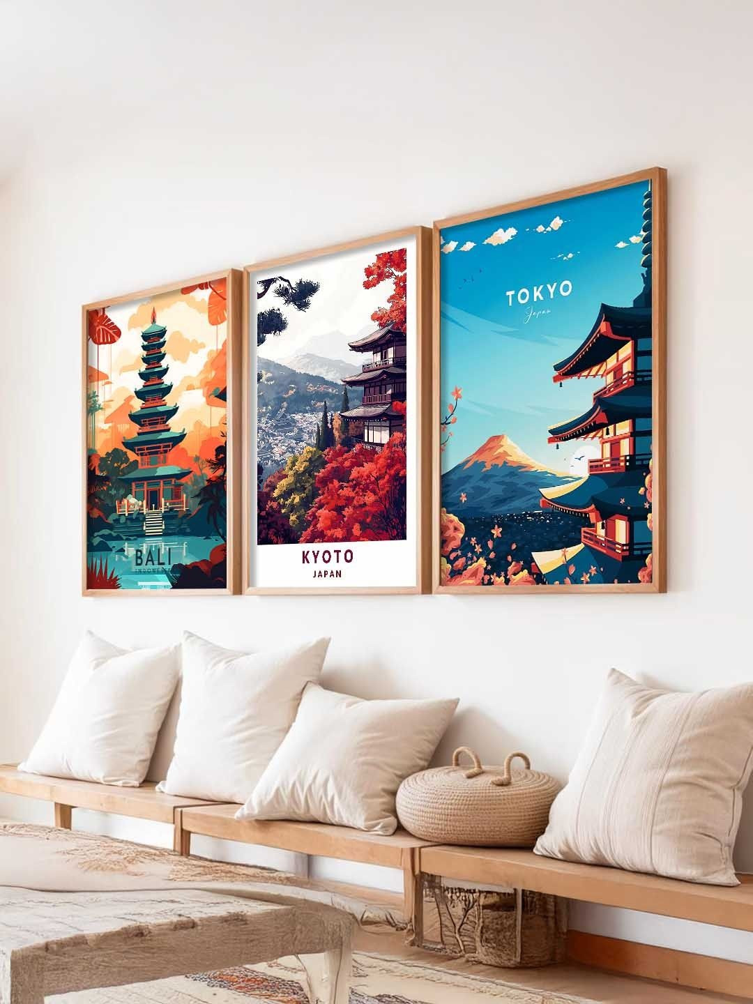 WALLLANE Multicoloured Japanese Art Wood Framed 3 Pcs Rectangular Wall Art 10X13 Inch