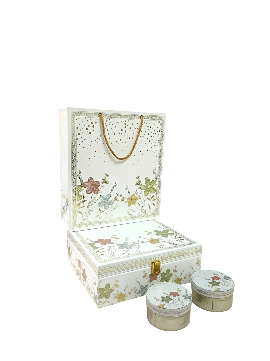 PUFFSMART White & Green 4 Pieces Premium Gift Jars Printed Diwali Hamper Boxes