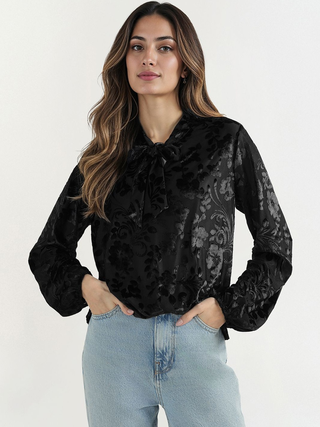 ELLE Floral Tie-Up Neck Bishop Sleeves Top