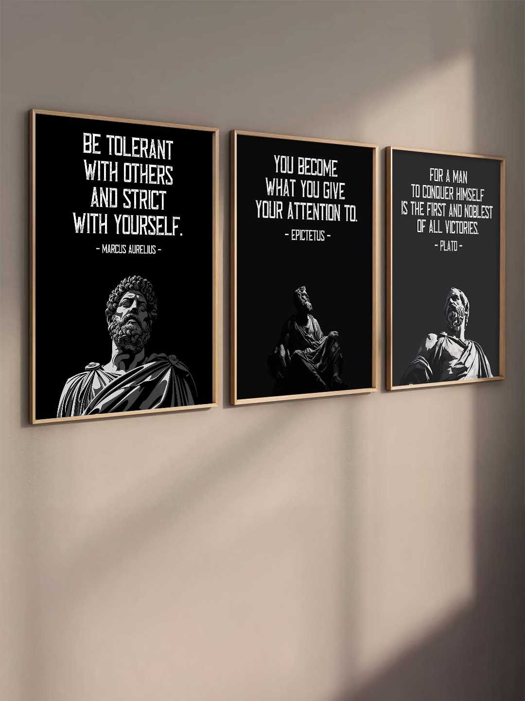 WALLLANE Set of 3 Black Wood Philosophy Art Framed Wall Paintings
