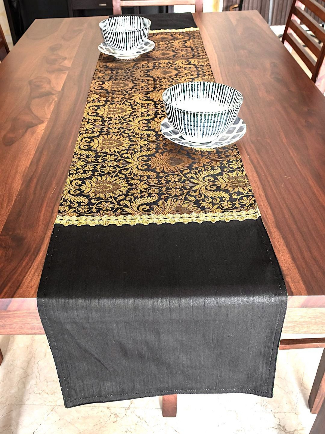 PILOVILO Black & Yellow Ethnic Motifs Woven Design Table Runners