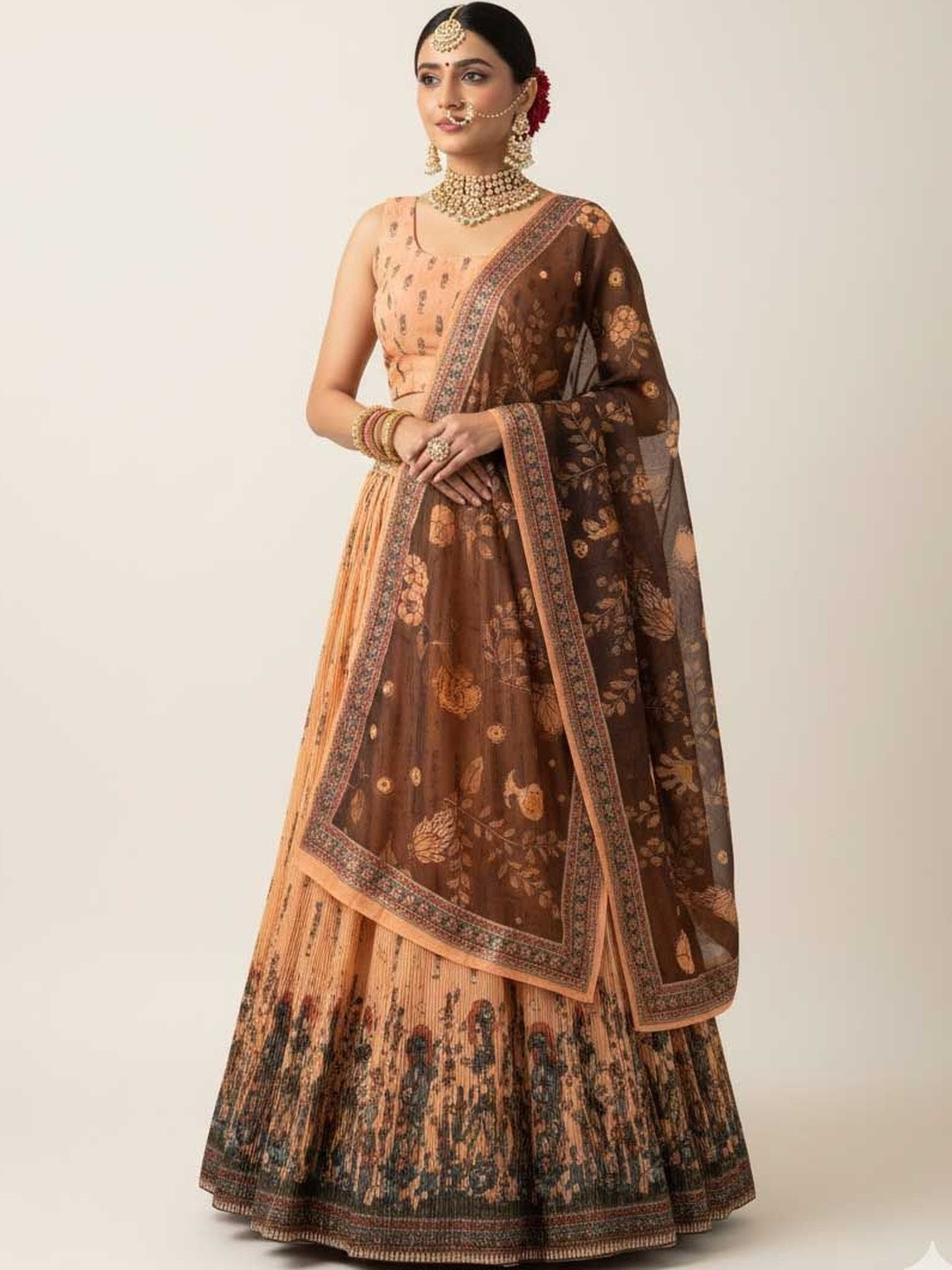 SAPTRANGI Kalamkari Semi-Stitched Lehenga & Unstitched Blouse With Dupatta