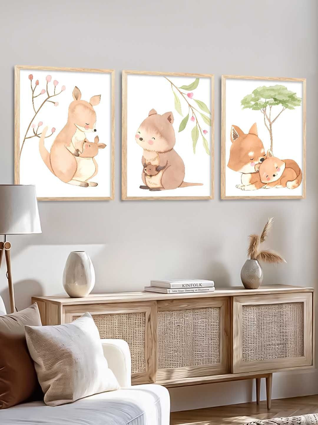 WALLLANE Set of 3 Wood Frame Cartoon Art Wall Paintings
