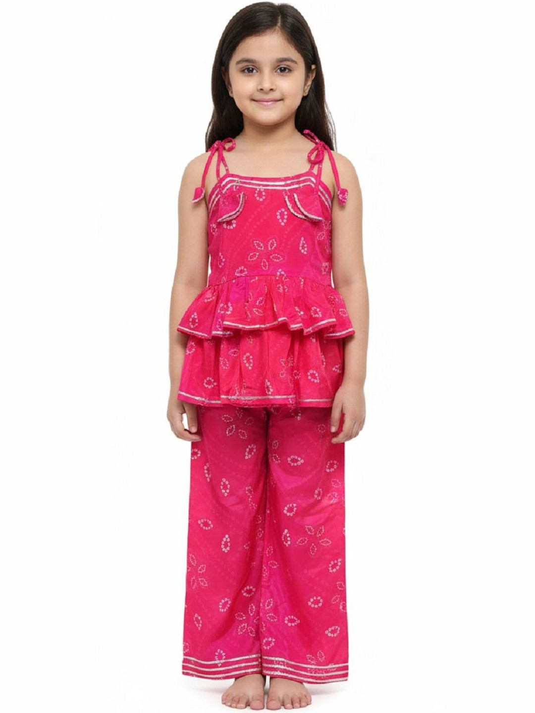 YK Girls Bandhani Print Printed Shoulder Straps Tiered A-Line Cotton Silk Kurta & Palazzo