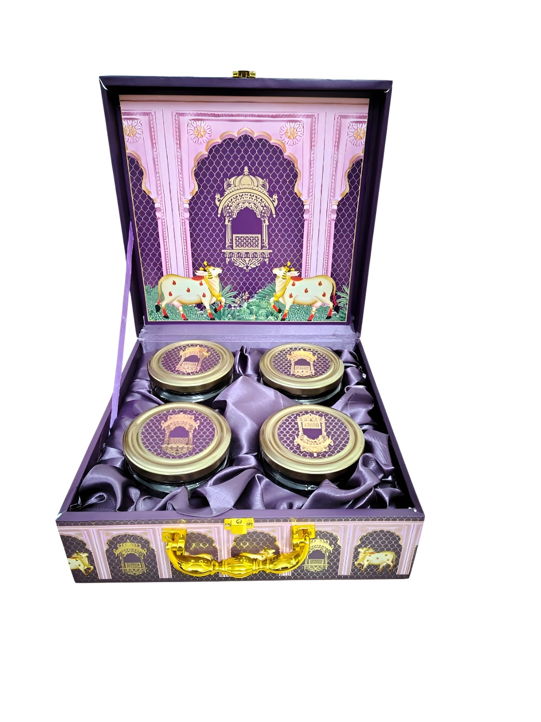 PUFFSMART Purple & White 4 Pieces Pichwai Printed Diwali Hamper Box